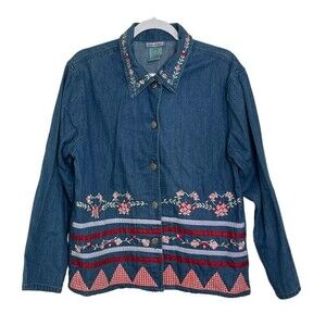Nectar Denim Embroidered Floral Button Up Shirt Cotton Patchwork Gingham VTG L